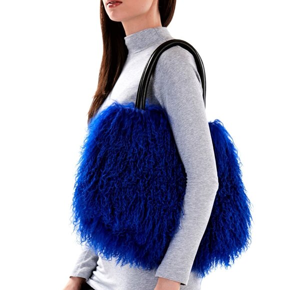 New Blue Mongolian Lamb Fur Hand Bag - Picture 1 of 11